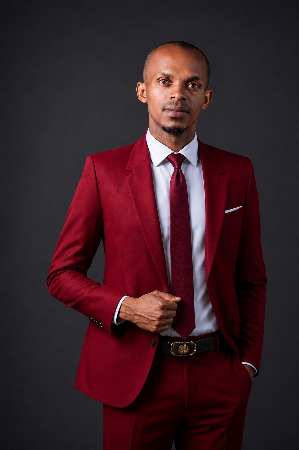 Formal portrait — partner in a red suit, white shirt, dark studio background