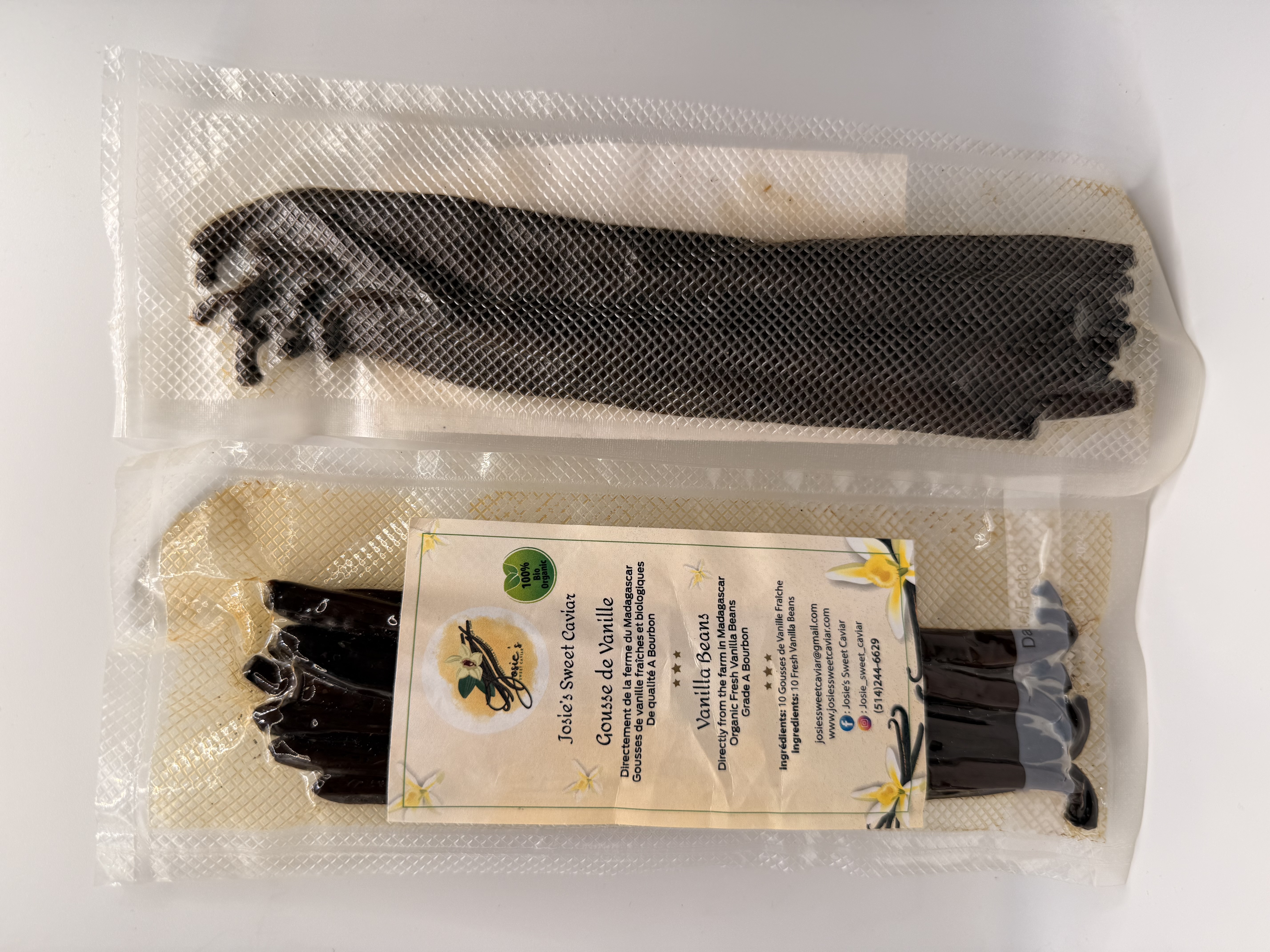 Josie's Sweet Caviar Madagascar Bourbon Grade A Planifolia Vanilla Beans — labeled 10-pack pouch