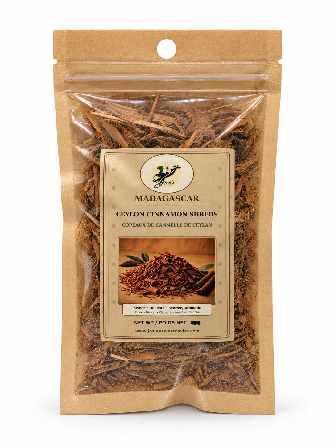 Josie's Sweet Caviar Madagascar Ceylon Cinnamon Shreds — kraft pouch of soft-brown cinnamon shreds