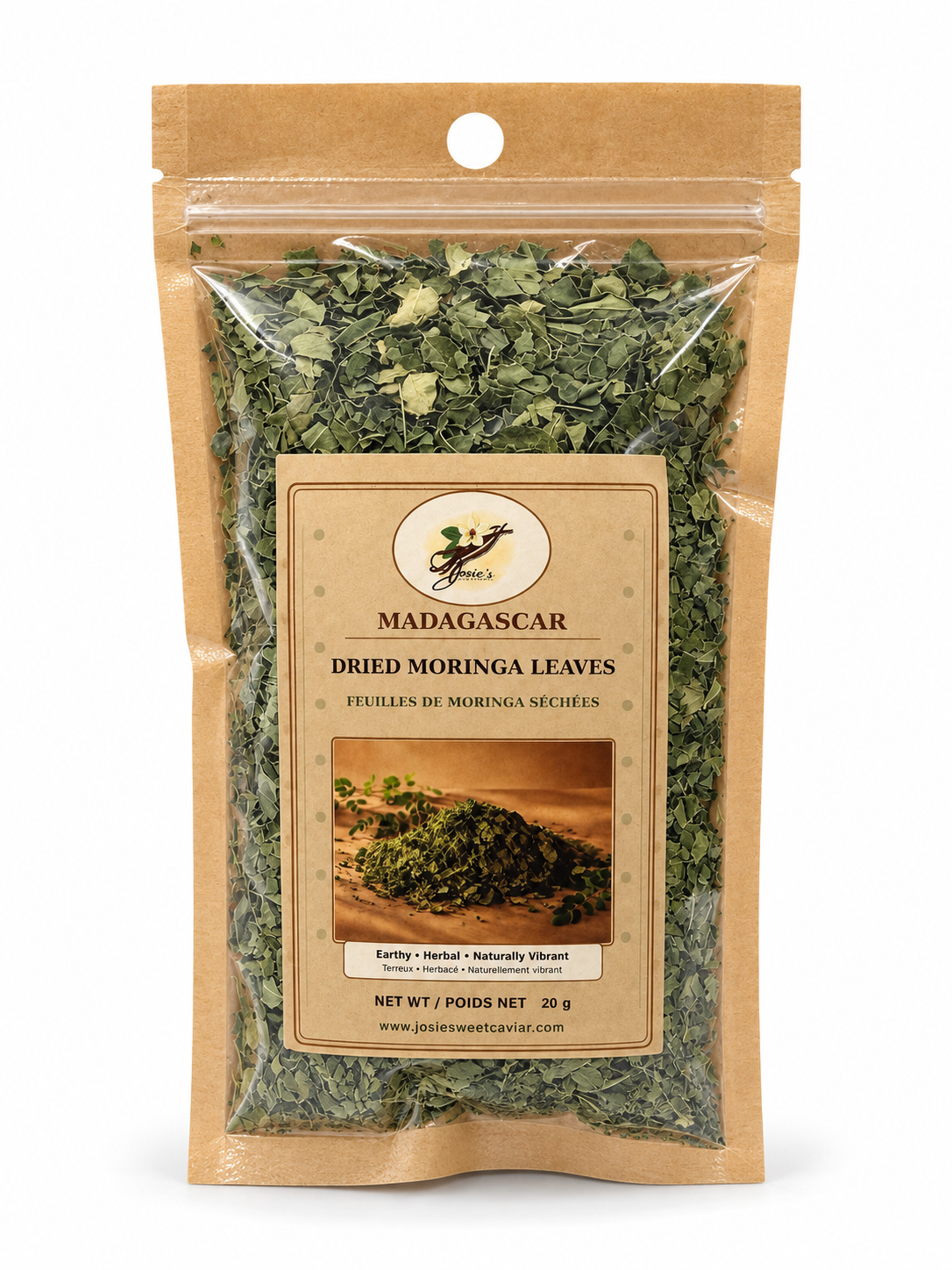 Josie's Sweet Caviar Madagascar Dried Moringa Leaves — kraft pouch of small crisp green moringa leaves