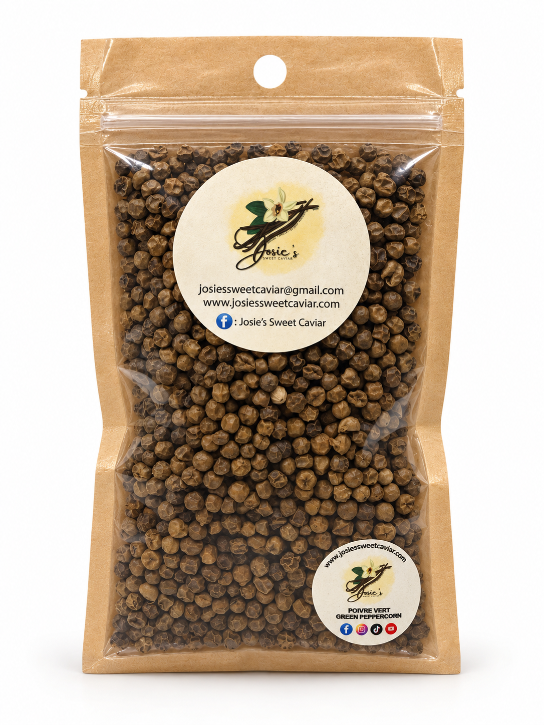 Josie's Sweet Caviar Madagascar Green Peppercorn — kraft pouch filled with dried peppercorns and Josie's Sweet Caviar contact label