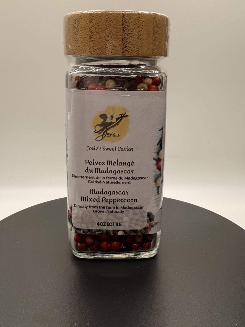 Josie's Sweet Caviar Madagascar Mixed Peppercorn — 4 oz glass jar with cork lid