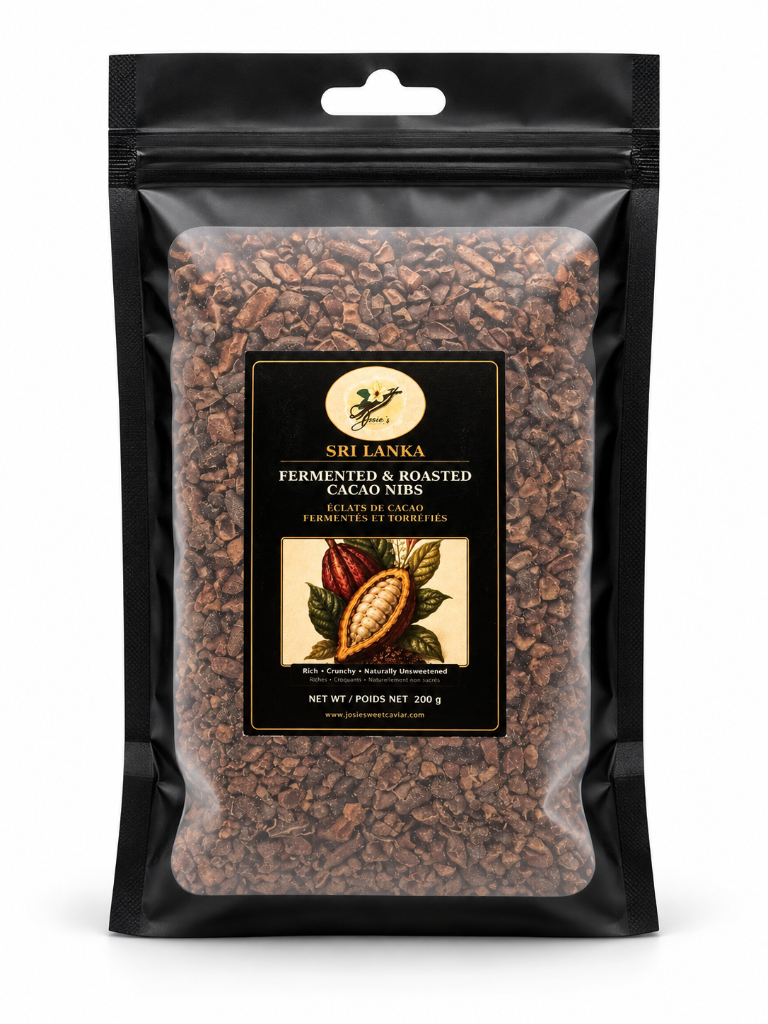 Josie's Sweet Caviar Sri Lanka Fermented & Roasted Cacao Nibs — glossy black 200 g pouch of crushed cacao