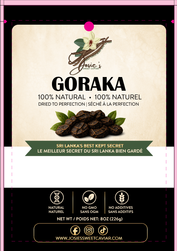 Goraka pouch label — 100% natural, 8 oz, Sri Lanka's best kept secret