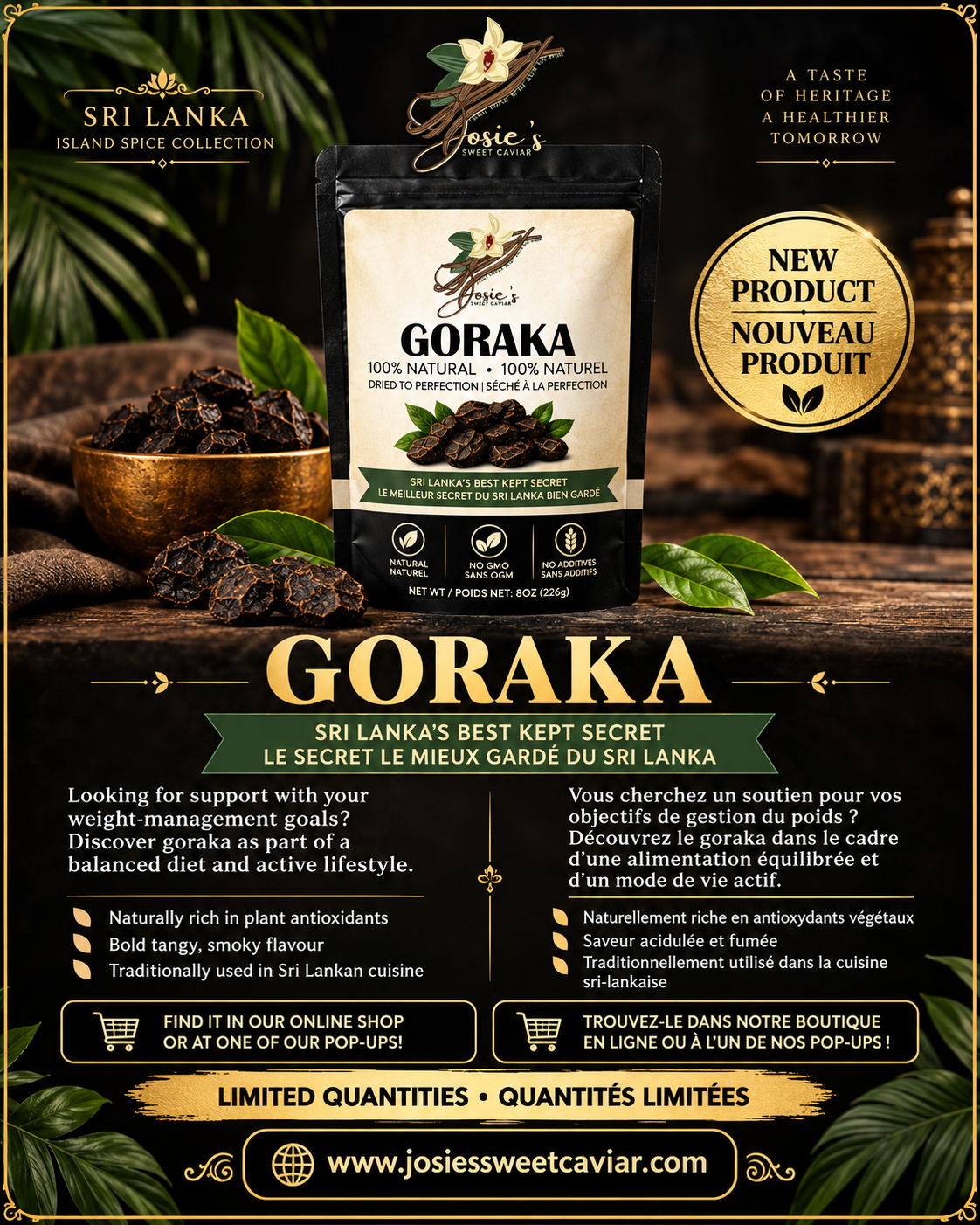 Sri Lanka Island Spice Collection — Goraka poster showing the pouch, dried pieces and tropical foliage