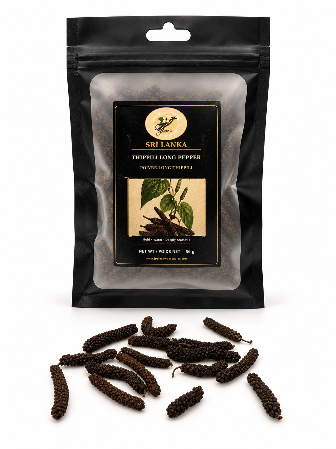 Sri Lanka Thippili Long Pepper — pouch with long pepper catkins spilled around it