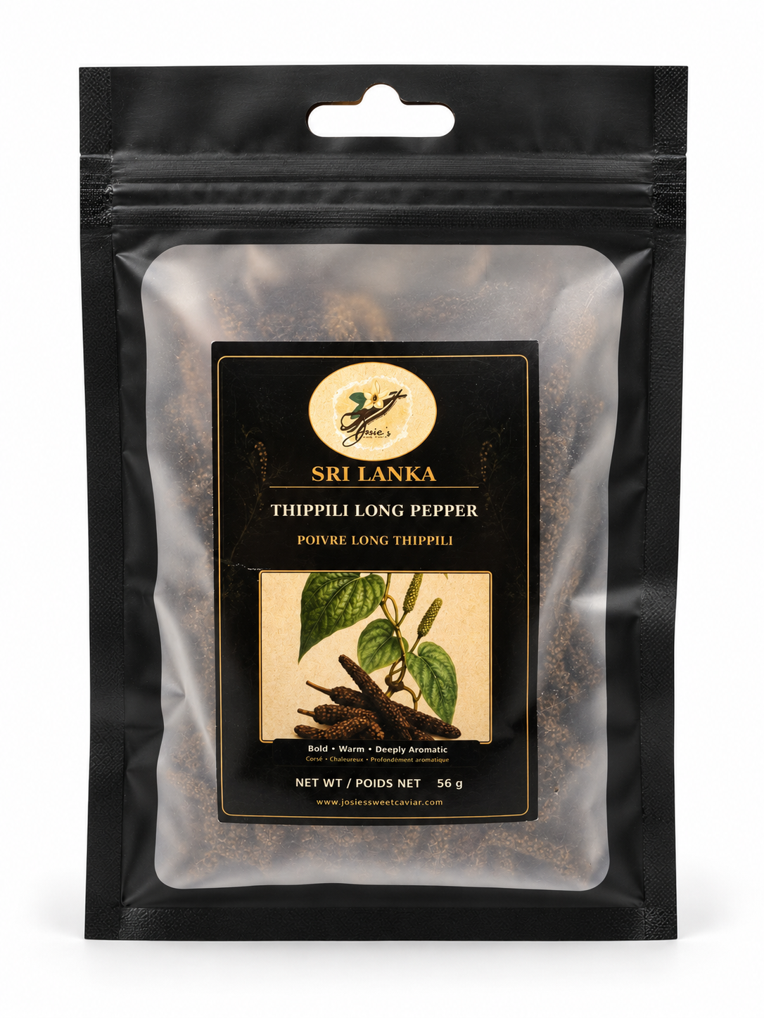 Josie's Sweet Caviar Sri Lanka Thippili Long Pepper — 56 g black pouch of dried elongated pepper catkins