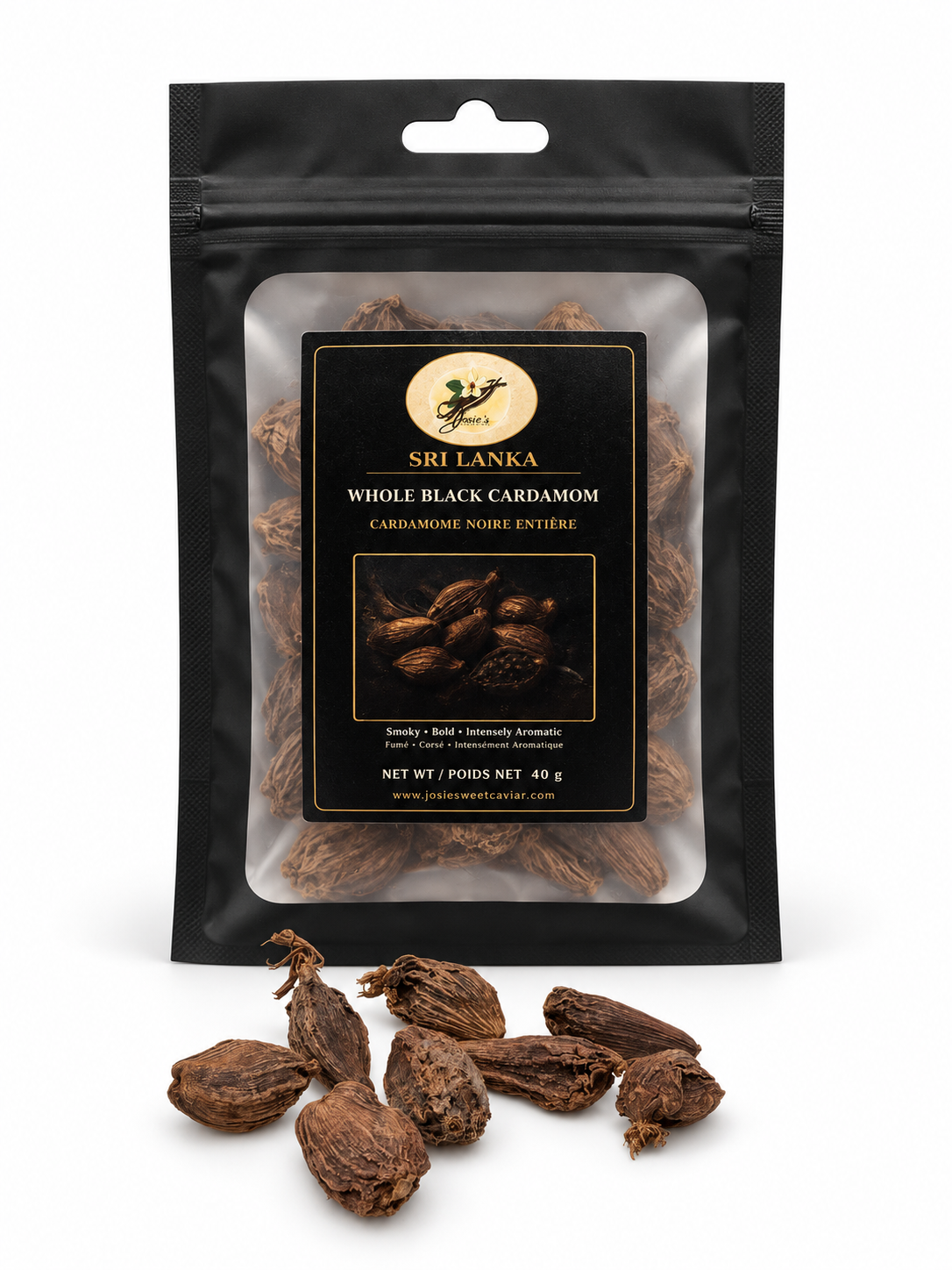 Josie's Sweet Caviar Sri Lanka Whole Black Cardamom — 40 g black pouch of large dark cardamom pods