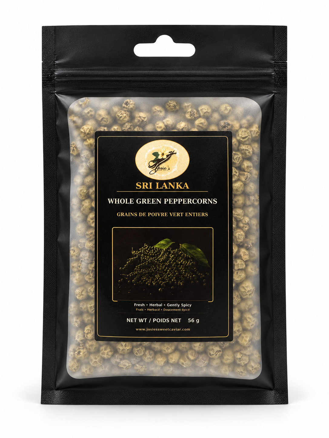 Josie's Sweet Caviar Sri Lanka Whole Green Peppercorns — 56 g black pouch of pale-green dried peppercorns