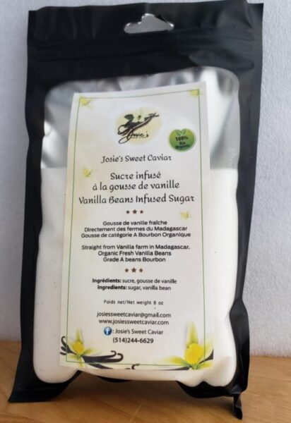 Josie's Sweet Caviar Vanilla Beans Infused Sugar — 8 oz jar of cane sugar with vanilla pod