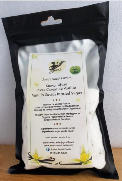 Josie's Sweet Caviar Vanilla Caviar Infused Sugar — 8 oz jar with visible black seed flecks