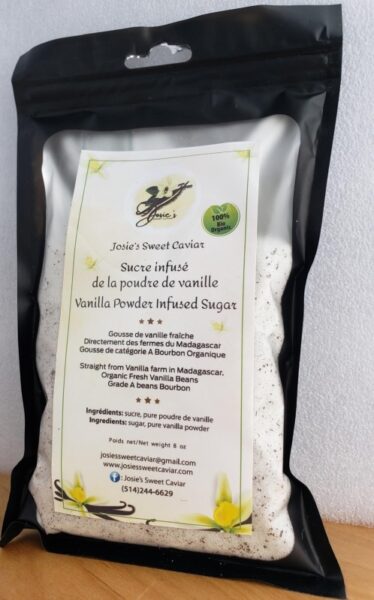 Josie's Sweet Caviar Vanilla Powder Infused Sugar — 8 oz jar with ground vanilla dusting