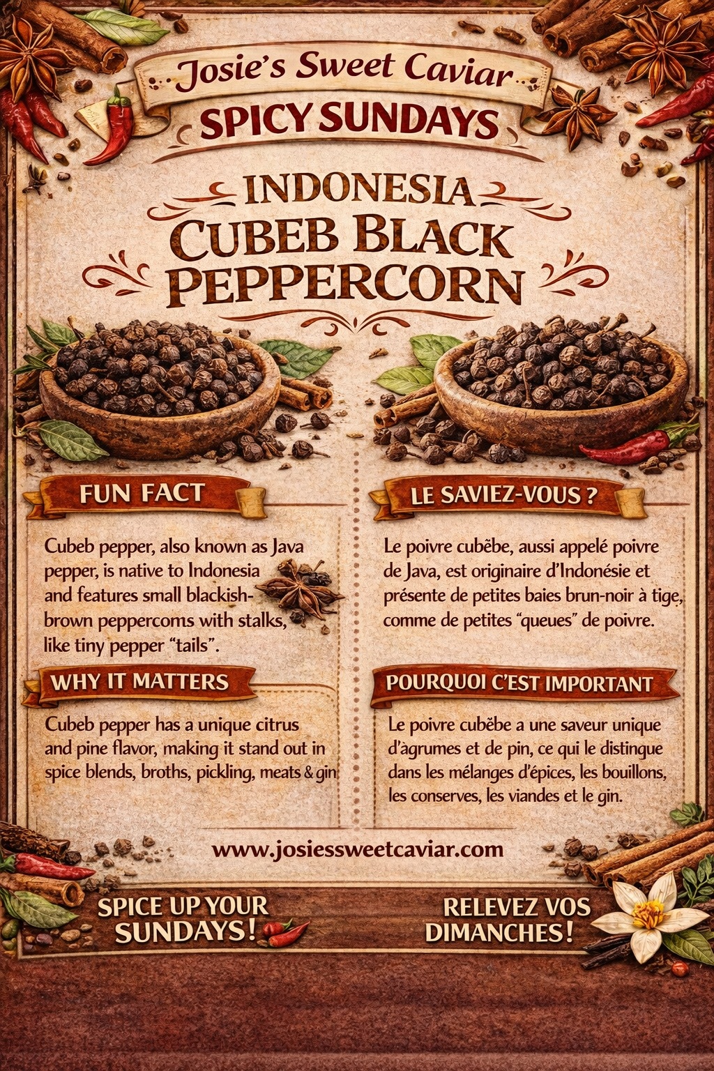 Josie's Sweet Caviar Spicy Sundays pamphlet — Indonesia Cubeb Black Peppercorn (bilingual card)