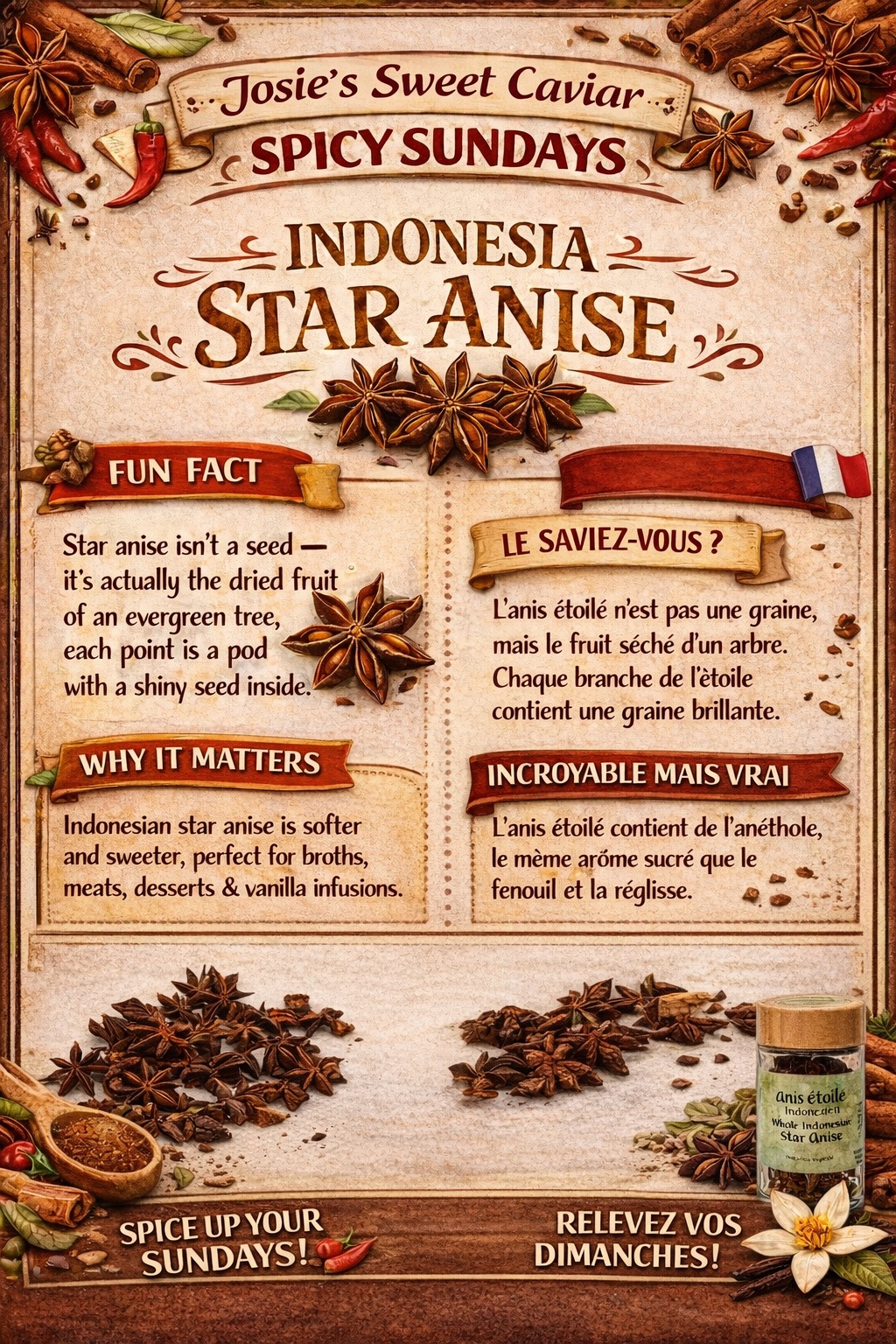 Josie's Sweet Caviar Spicy Sundays pamphlet — Indonesia Star Anise (with product bottle)