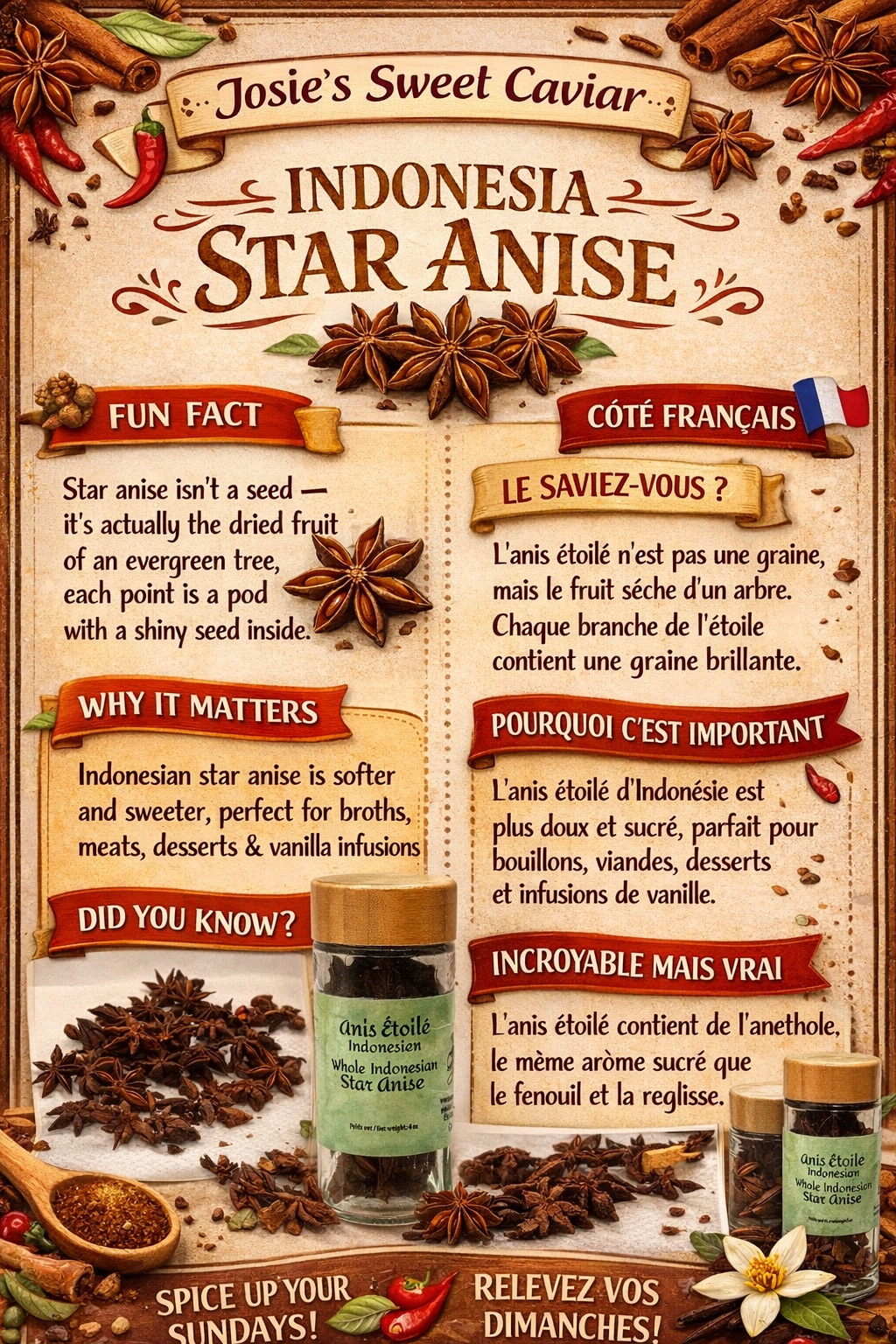 Josie's Sweet Caviar Spicy Sundays pamphlet — Indonesia Star Anise (bilingual card)