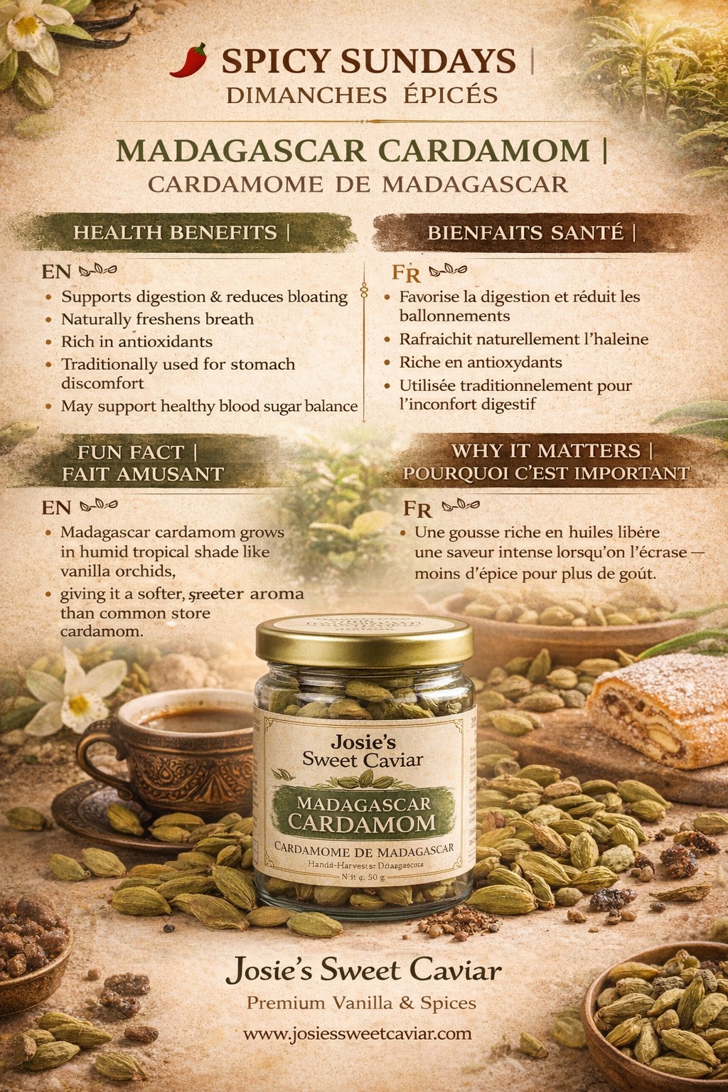 Josie's Sweet Caviar Spicy Sundays pamphlet — Madagascar Cardamom (with product jar)