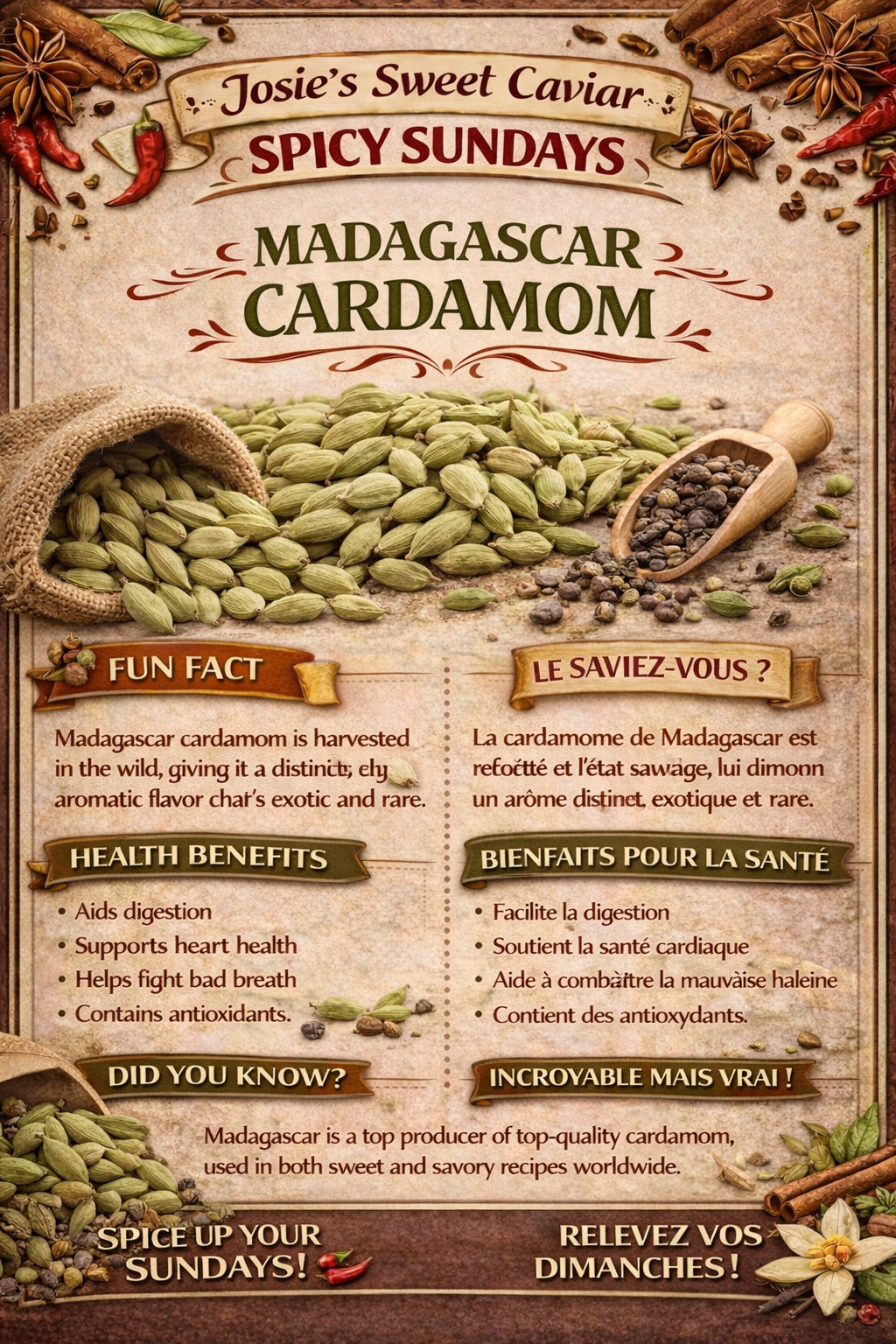 Josie's Sweet Caviar Spicy Sundays pamphlet — Madagascar Cardamom (bilingual card with product photo)