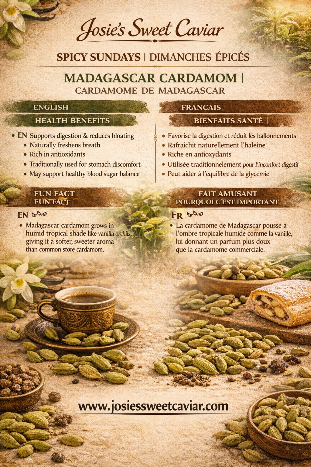 Josie's Sweet Caviar Spicy Sundays pamphlet — Madagascar Cardamom (long-form health benefits card)