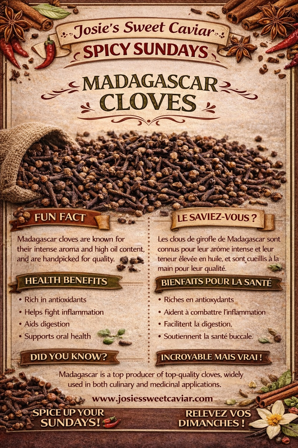 Josie's Sweet Caviar Spicy Sundays pamphlet — Madagascar Cloves