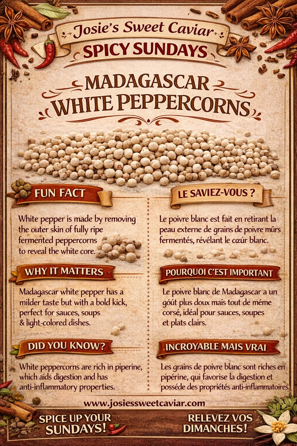 Josie's Sweet Caviar Spicy Sundays pamphlet — Madagascar White Peppercorns
